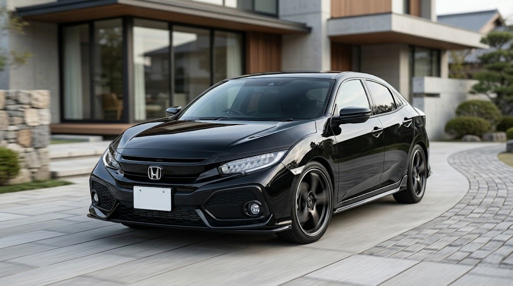 住宅前に停車したシビックのハッチバックの車両イメージ