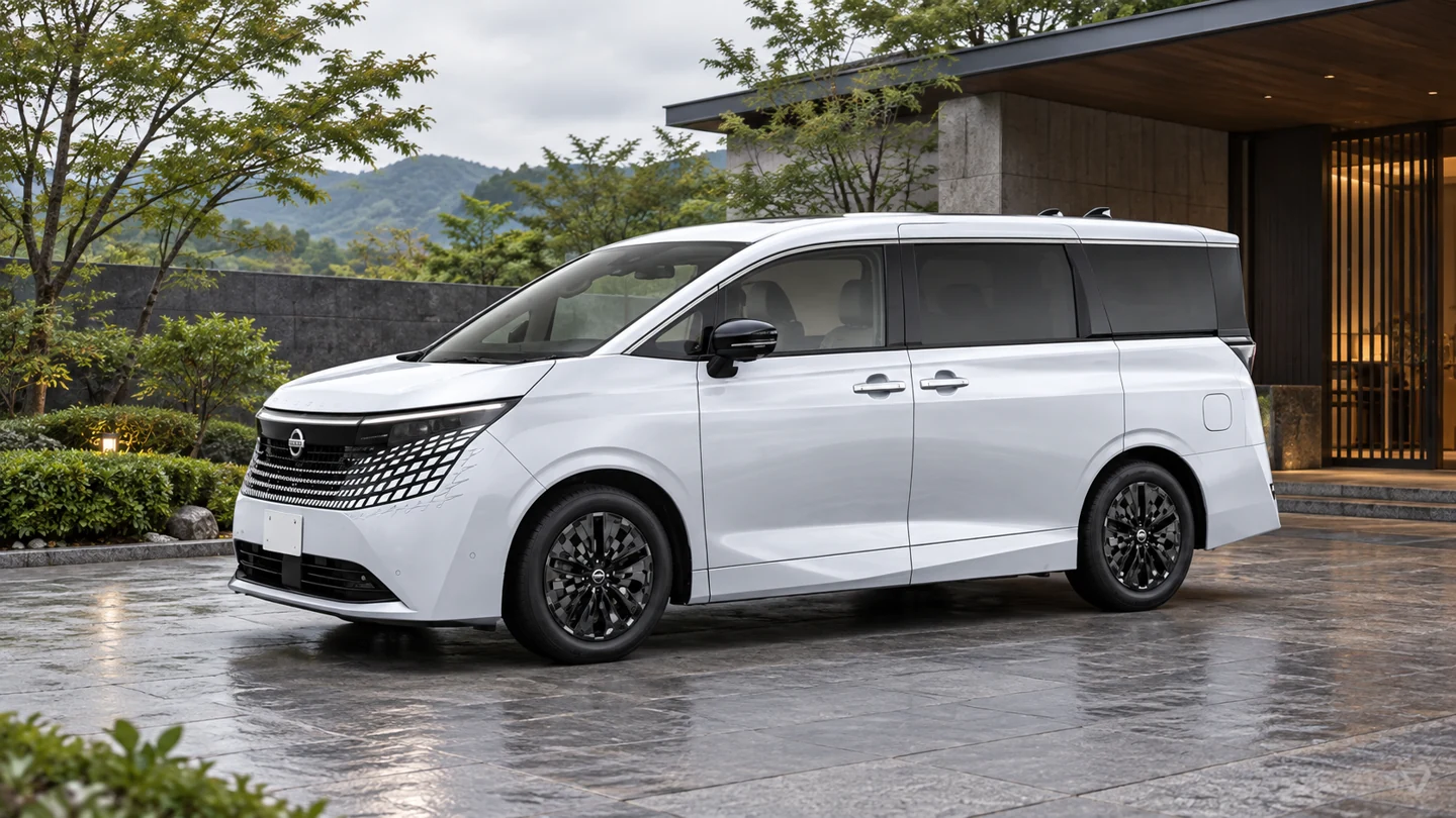 2026年日本仕様の新型エルグランドの公式外観を参考にした白いミニバンのAI生成イメージ