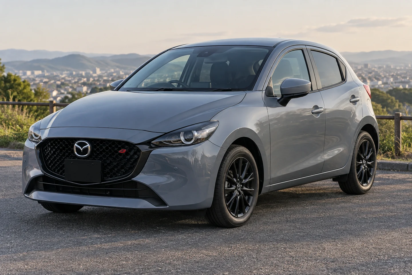 MAZDA2 SPORT＋の外観を参考にしたグレーのコンパクトカーのAI生成イメージ