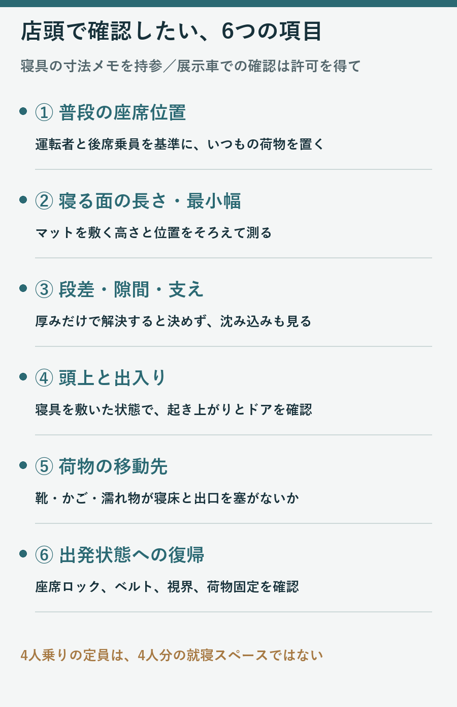 普段の座席位置から寝床の寸法、段差、頭上、荷物、走行状態への復帰までの確認図