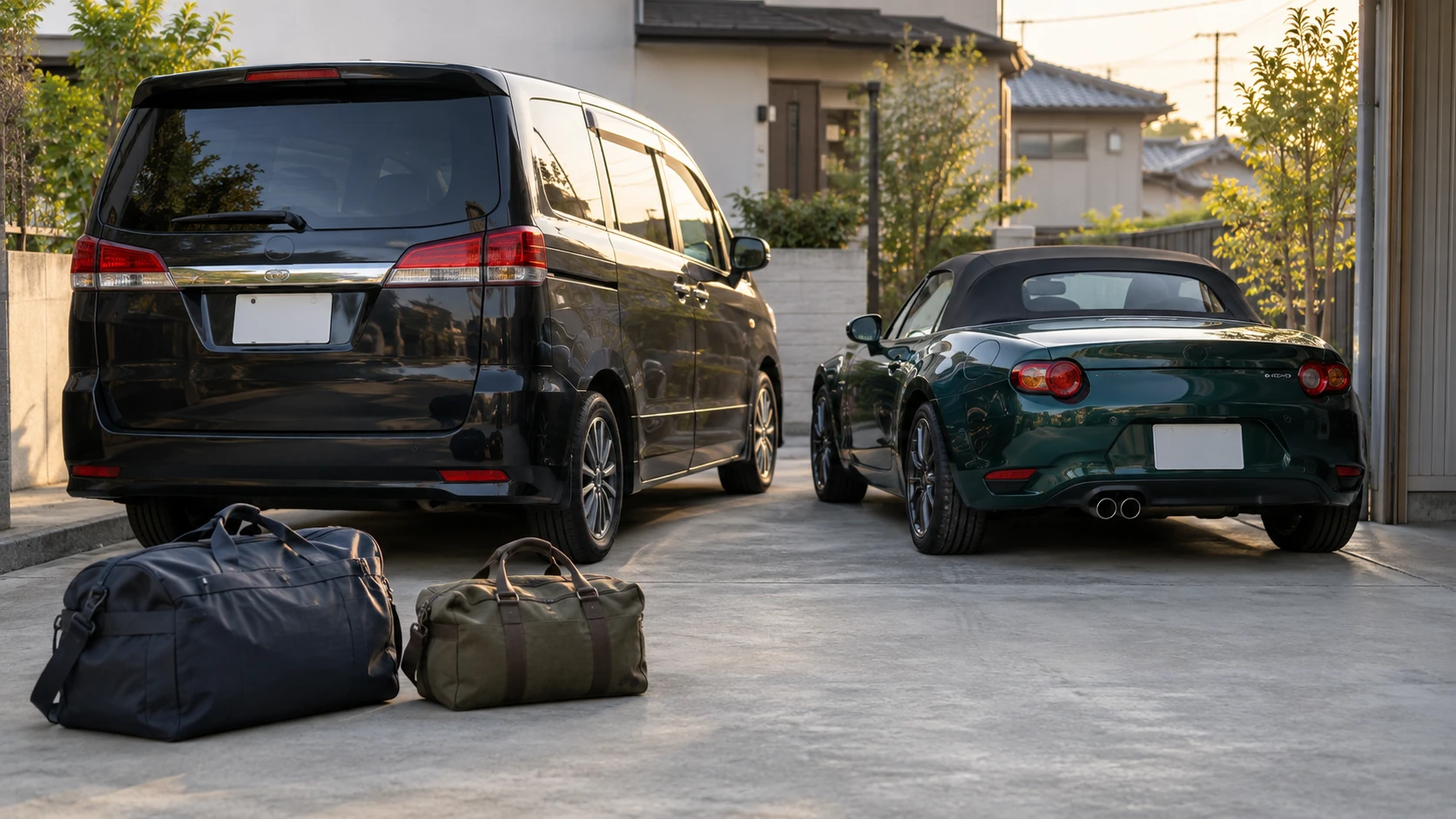旅行バッグの奥にミニバンと小さなスポーツカーが並ぶAIイメージ