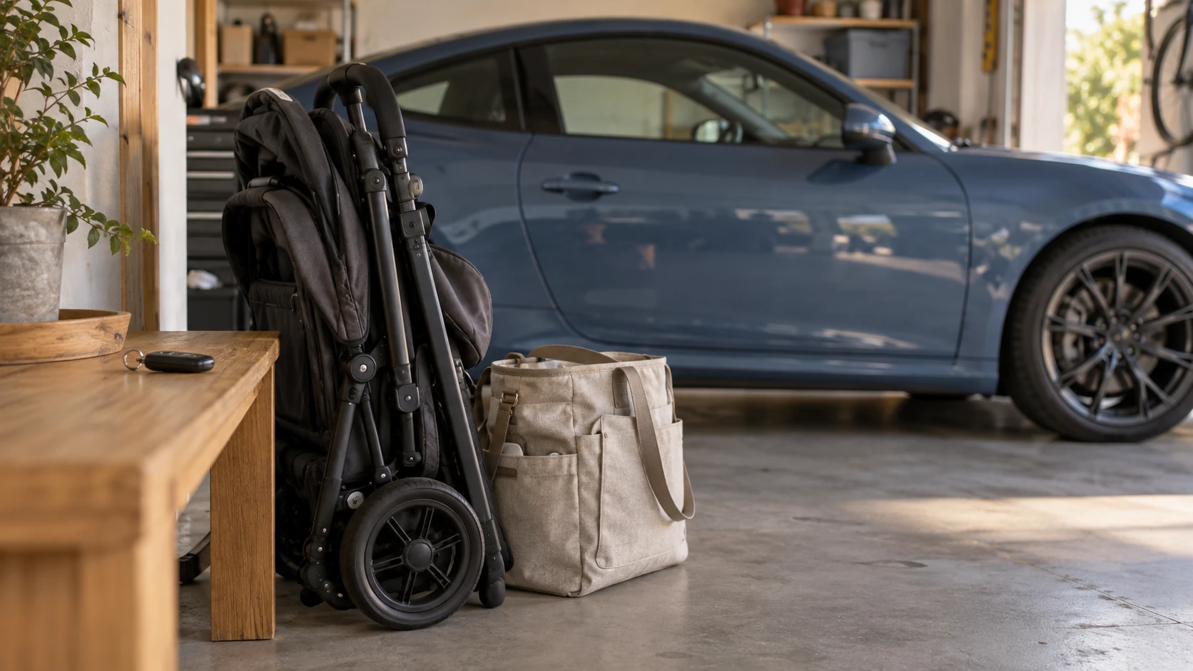 折りたたんだベビーカーと荷物の奥に青いスポーツカーがあるAIイメージ