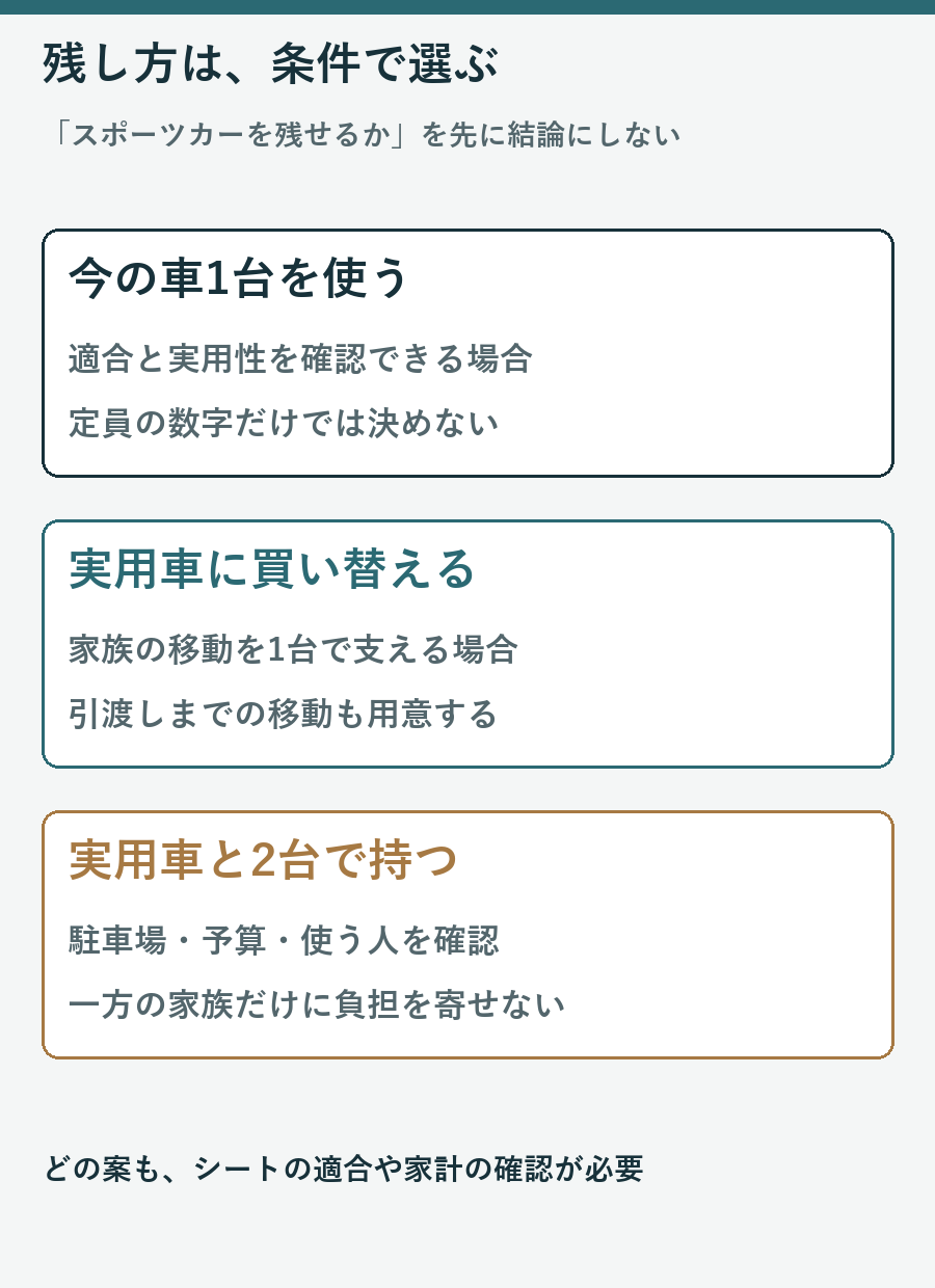今の車1台、実用車への買い替え、2台保有をそれぞれの条件で比較する図