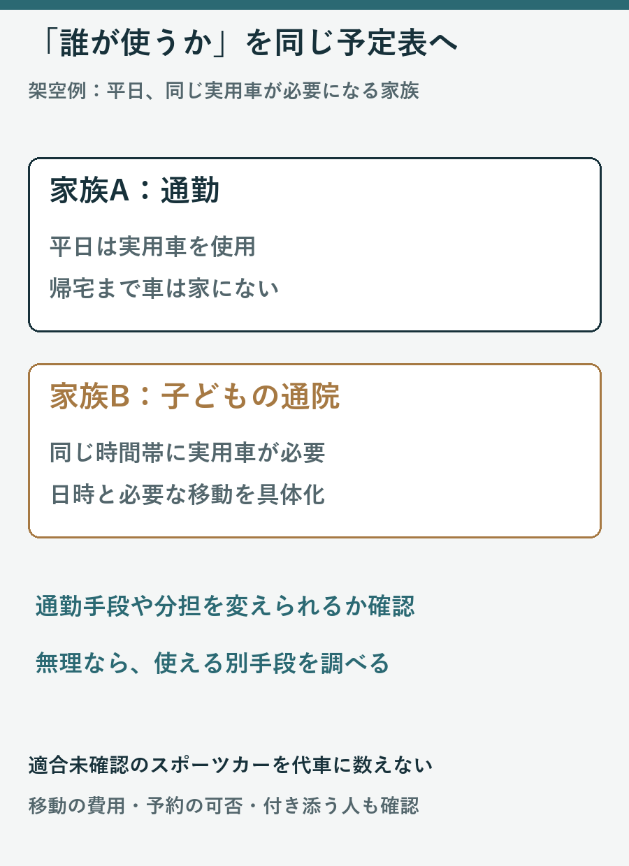 家族Aが通勤で実用車を使う時間に家族Bが子どもの通院で同じ車を必要とする架空例