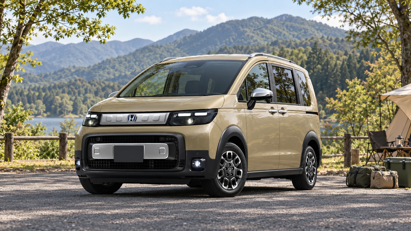キャンプ場の舗装された駐車場に停車するベージュの現行フリードCROSSTARを参考にしたAI生成イメージ