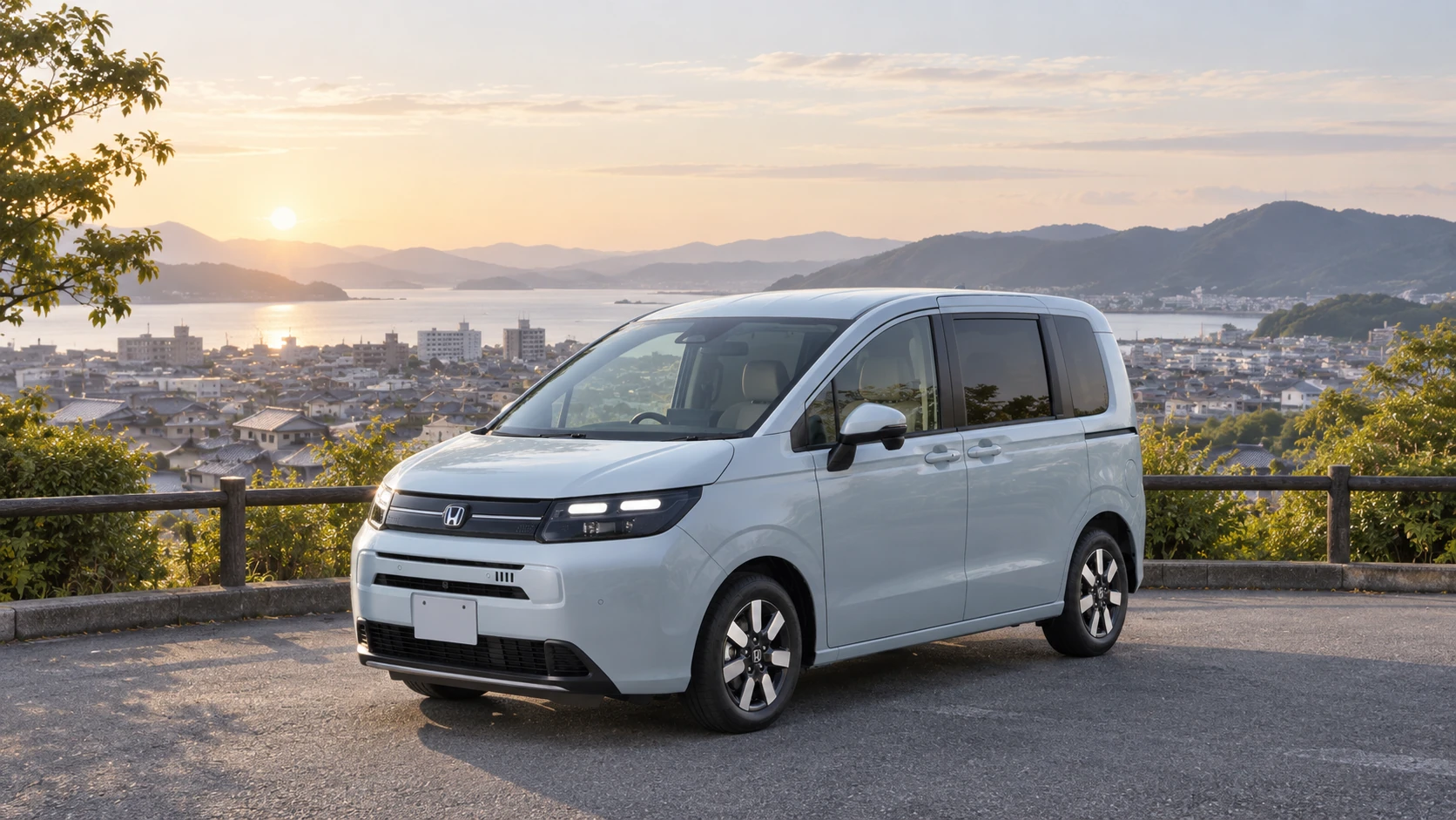 街を望む駐車場に停車した現行フリードAIR EXを参考にしたAI生成イメージ