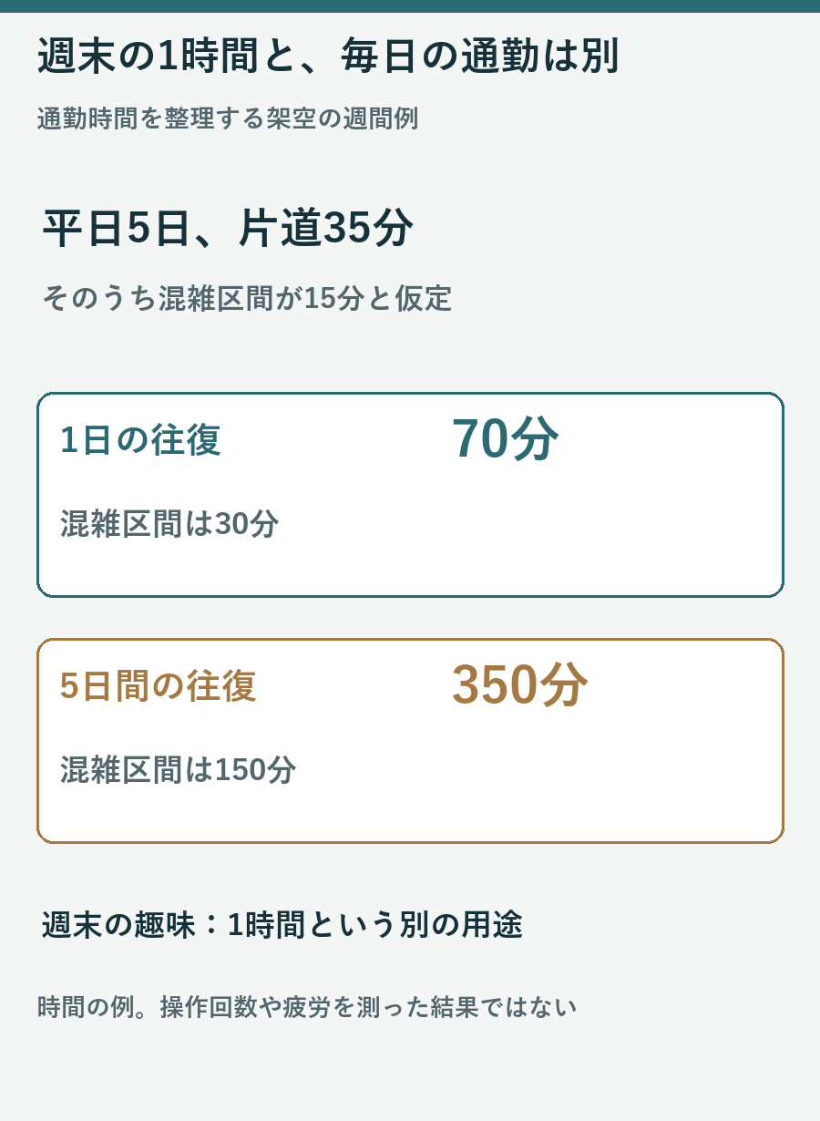 片道35分うち混雑15分の通勤を5日間使うと往復350分うち混雑150分となる架空例