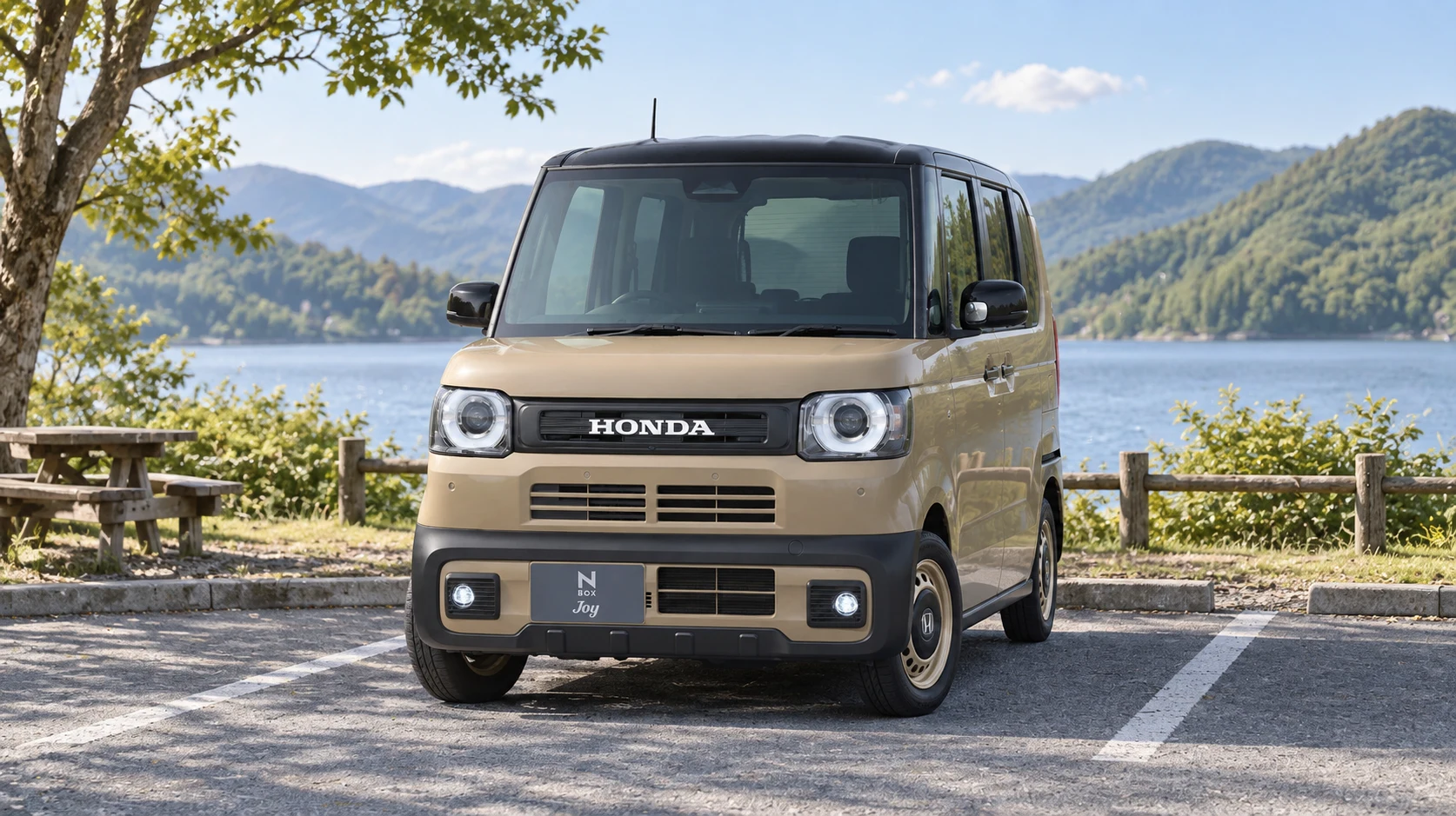 湖畔に停車したベージュと黒のN-BOX JOYターボを参考にしたAI生成イメージ