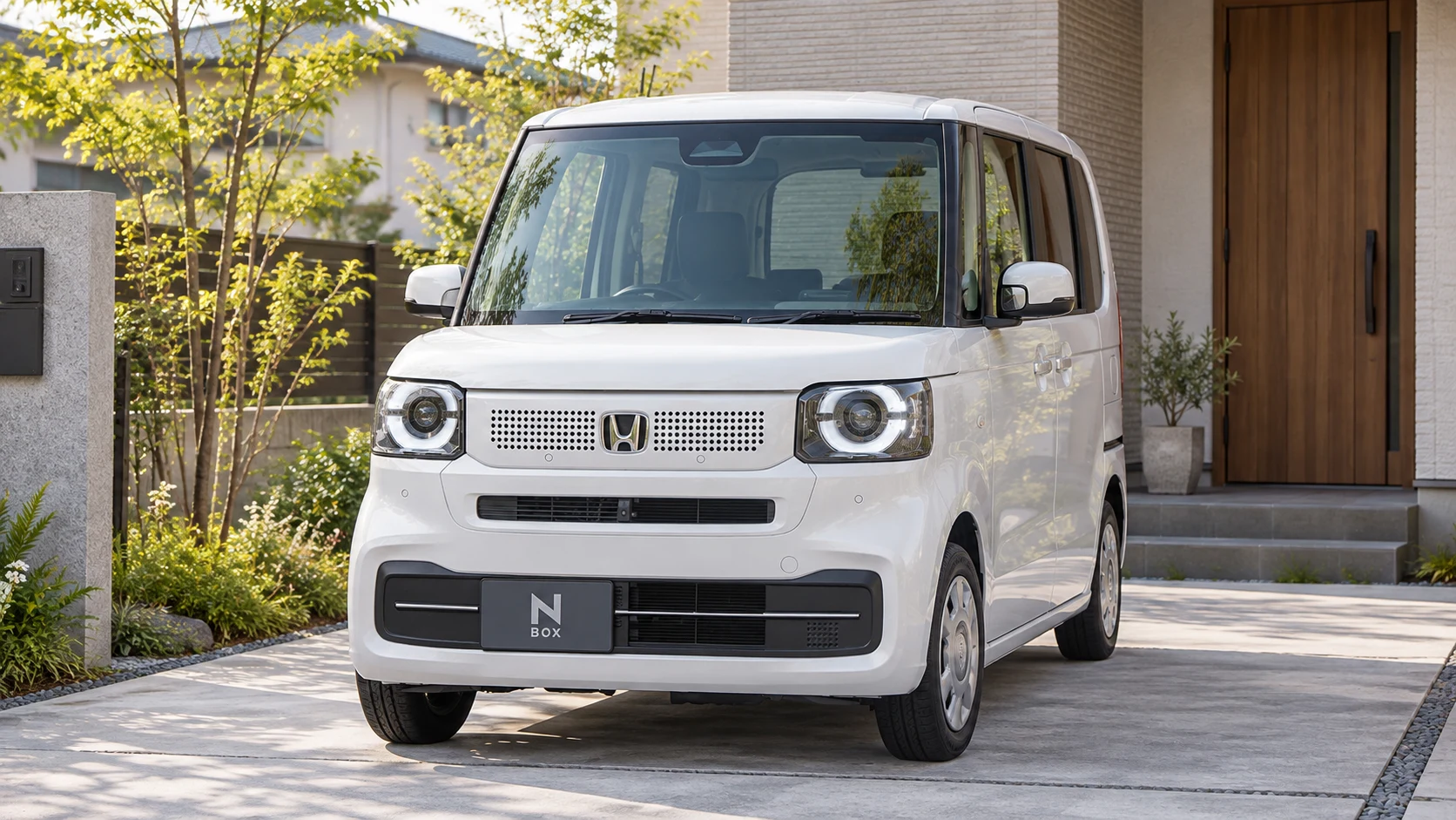 住宅の駐車場に停まる白い標準N-BOXの公式外観を参考にしたAI生成イメージ