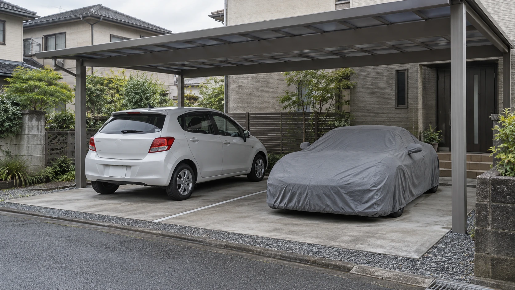 実用車とカバーをかけた趣味車を並べた駐車場のAIイメージ