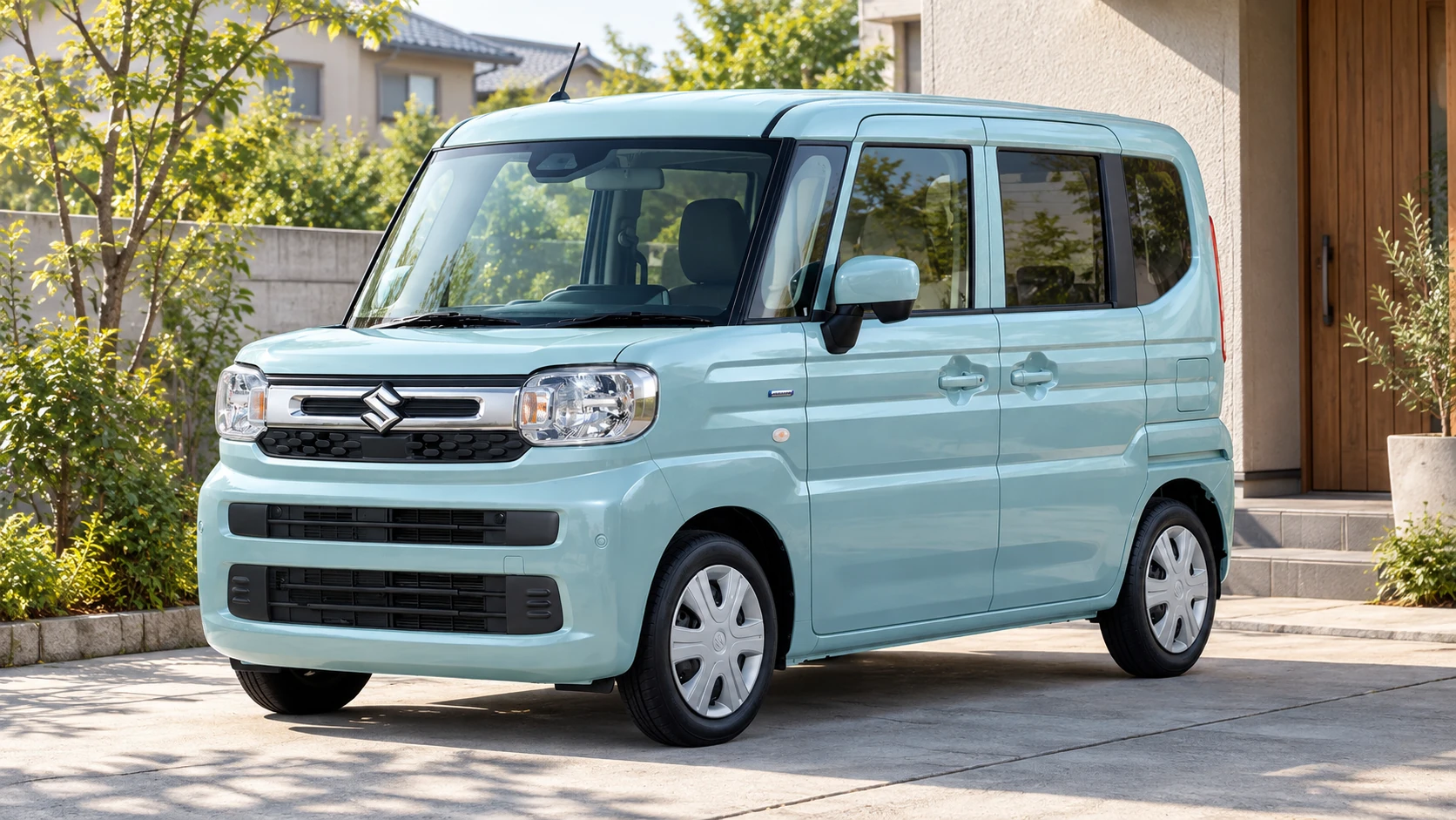 住宅前に駐車したオフブルーのスペーシアHYBRID Gを参考にしたAI生成イメージ