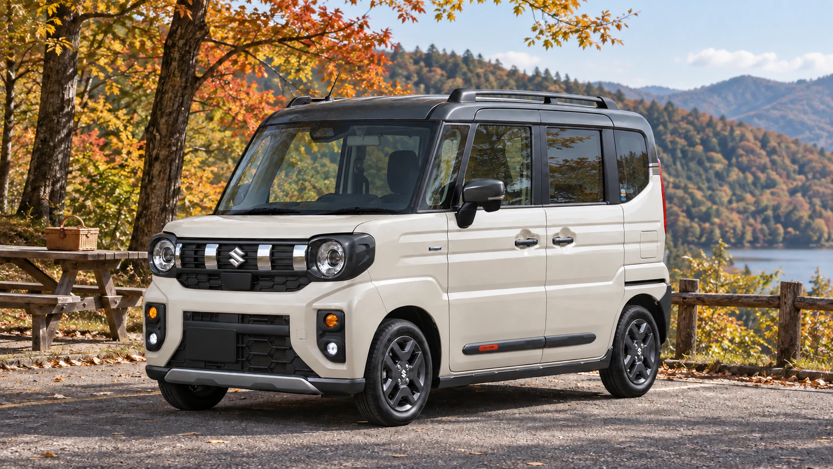 秋の湖畔に駐車したベージュとガンメタのスペーシアギアXZを参考にしたAI生成イメージ