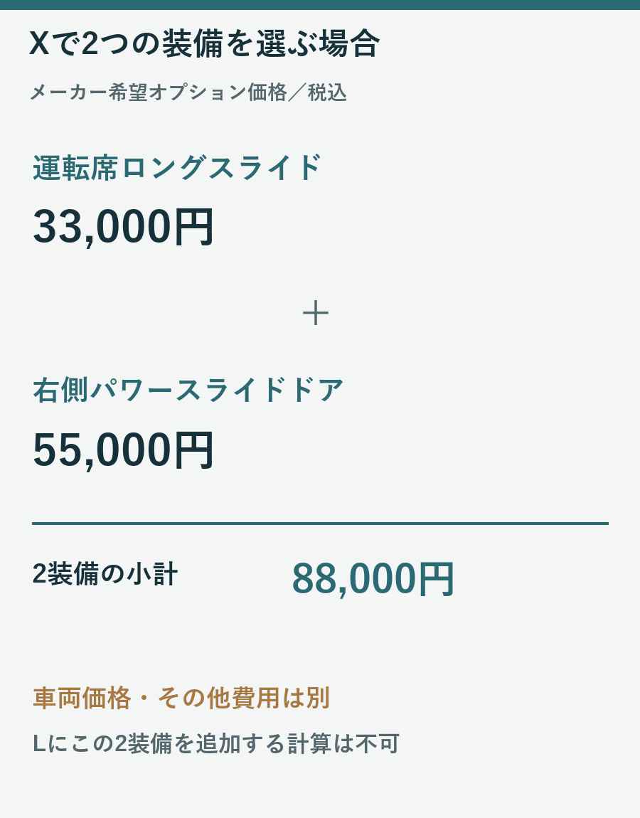 運転席ロングスライド33,000円と右側パワースライドドア55,000円の小計88,000円