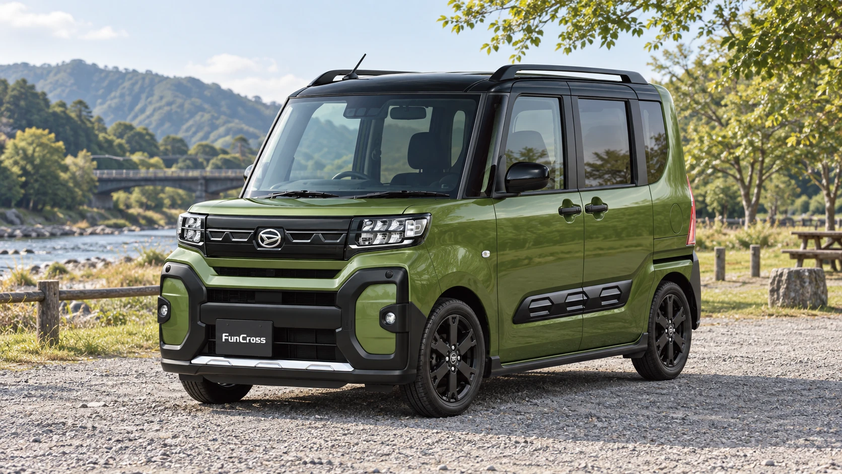 湖畔に駐車したタントファンクロスの公式外観を参考にしたAI生成イメージ
